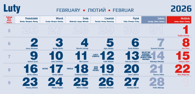 Kalendarium trójdzielne na rok 2026 wersja granatowo-czerwona – dolny blok – następny miesiąc