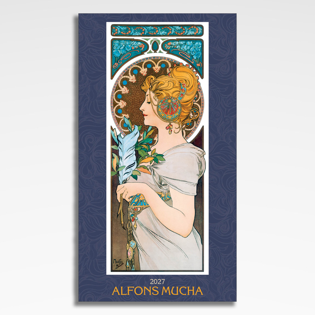 kalendarz wieloplanszowy alfons mucha, okładka kalendarza z grafiką tematyczną i spiralą Wire-O