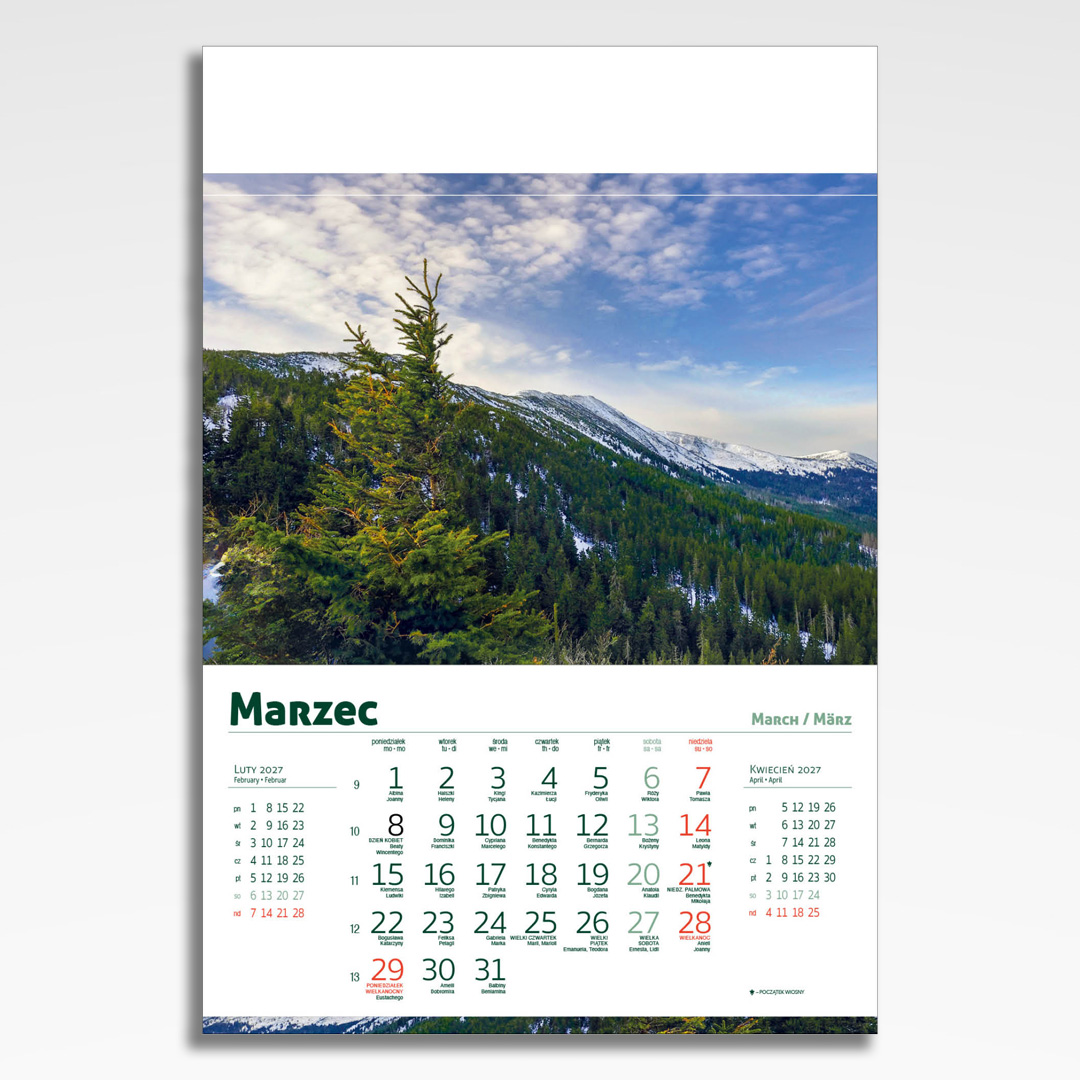 Kalendarz wieloplanszowy Beskidy (20szt.) - 6 kalendarz wieloplanszowy beskidy, plansza marzec z grafiką tematyczną