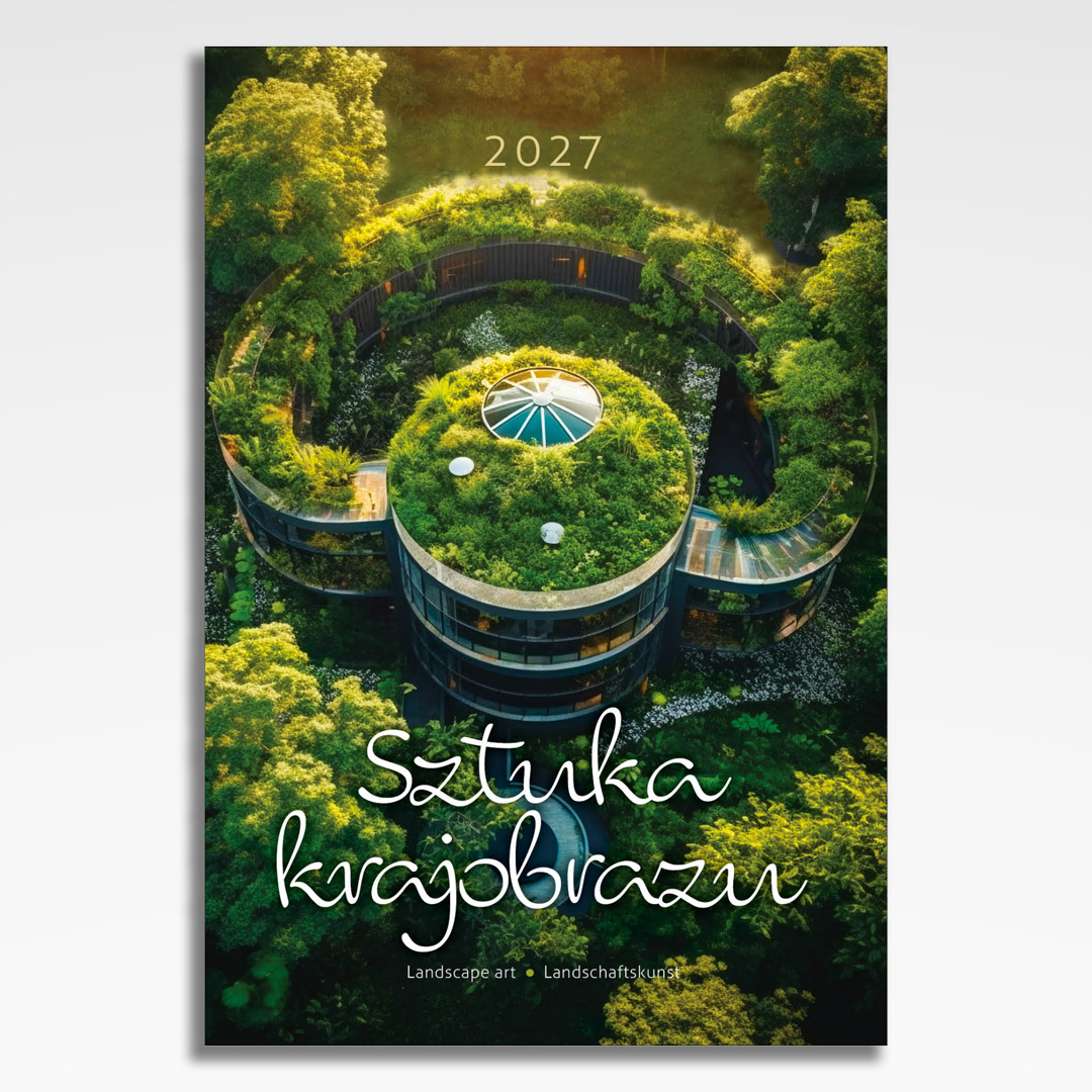 kalendarz wieloplanszowy sztuka krajobrazu, okładka kalendarza z grafiką tematyczną i spiralą Wire-O