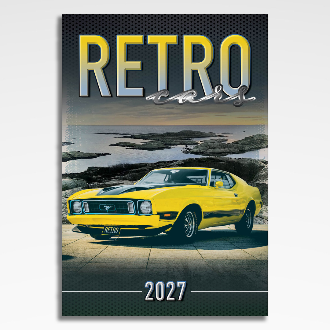 kalendarz wieloplanszowy retro cars, okładka kalendarza z grafiką tematyczną i spiralą Wire-O