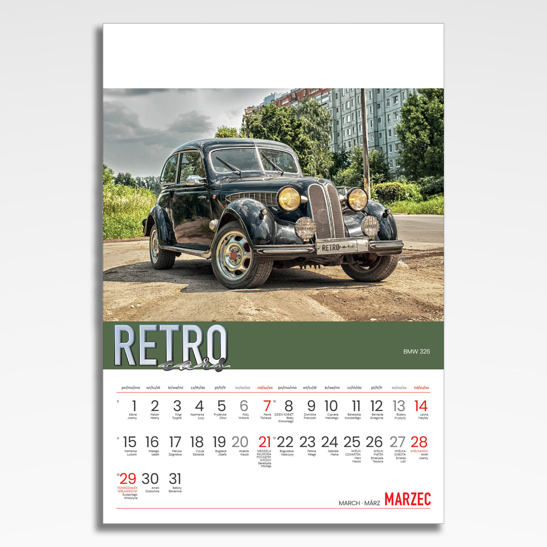 Kalendarz wieloplanszowy Retro Cars (20szt.) - 6 kalendarz wieloplanszowy retro cars, plansza marzec z grafiką tematyczną