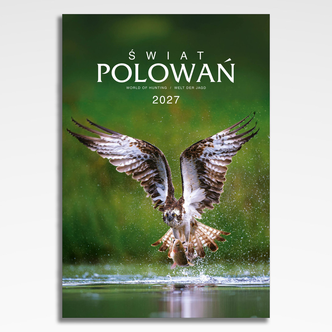 kalendarz wieloplanszowy świat polowan, okładka kalendarza z grafiką tematyczną i spiralą Wire-O
