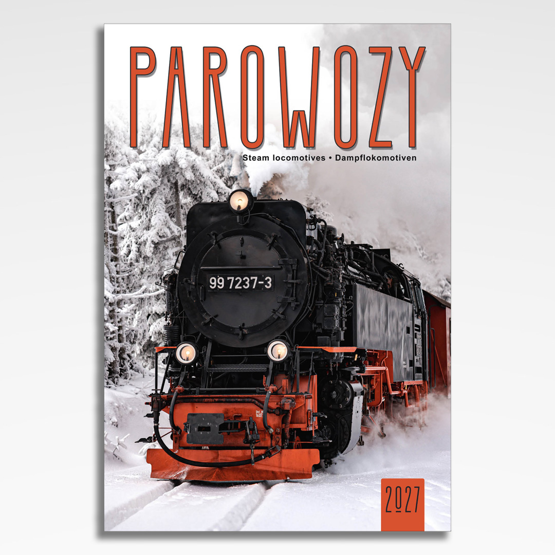 kalendarz wieloplanszowy parowozy, okładka kalendarza z grafiką tematyczną i spiralą Wire-O